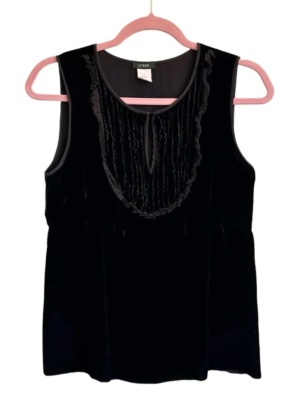 J. Crew Luxe Black Velvet Silk Ruffle Front Sleeveless Shell Top Women’s 8 EUC